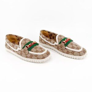 Gucci Interlocking G Horsebit Driving Loafers EU 37 US 7 Beige GG Monogram Flat